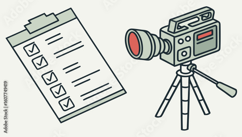 Video Production Checklist and Camera Setup Illustration: Completed Tasks for Film and Media Content Creation