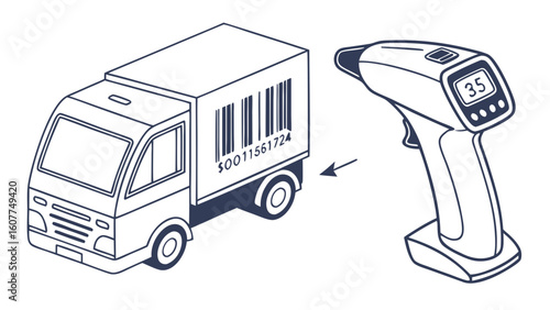 Isometric Line Art of Delivery Truck with Barcode Being Scanned by Handheld Scanner for Logistics and Supply Chain Tracking