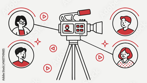 Online Video Content Creation and Live Streaming Concept. Diverse Individuals Connected to a Camera, Representing Vlogging, Broadcasting, or Remote...
