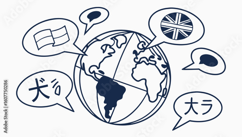Global Communication and Language Diversity Concept with Earth Globe and Speech Bubbles. International Dialogue and Translation Illustration.
