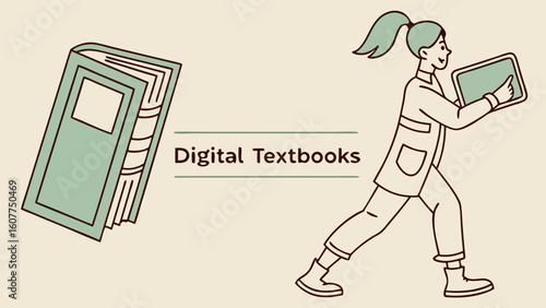 Digital Textbooks Concept: Student Using Tablet for E-Learning with Traditional Book Comparison