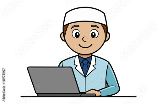 Friendly cartoon sikh man in blue turban and tunic pointing to the side with a laptop