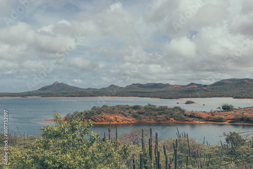 Lake and mountain landscape on Bonaire in the Caribbean