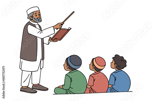 Elderly muslim scholar wearing traditional attire intently studies religious texts while seated on a folding chair surrounded by books
