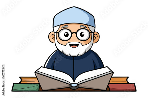 Smiling muslim man wearing traditional white clothing and cap reads holy book on prayer mat