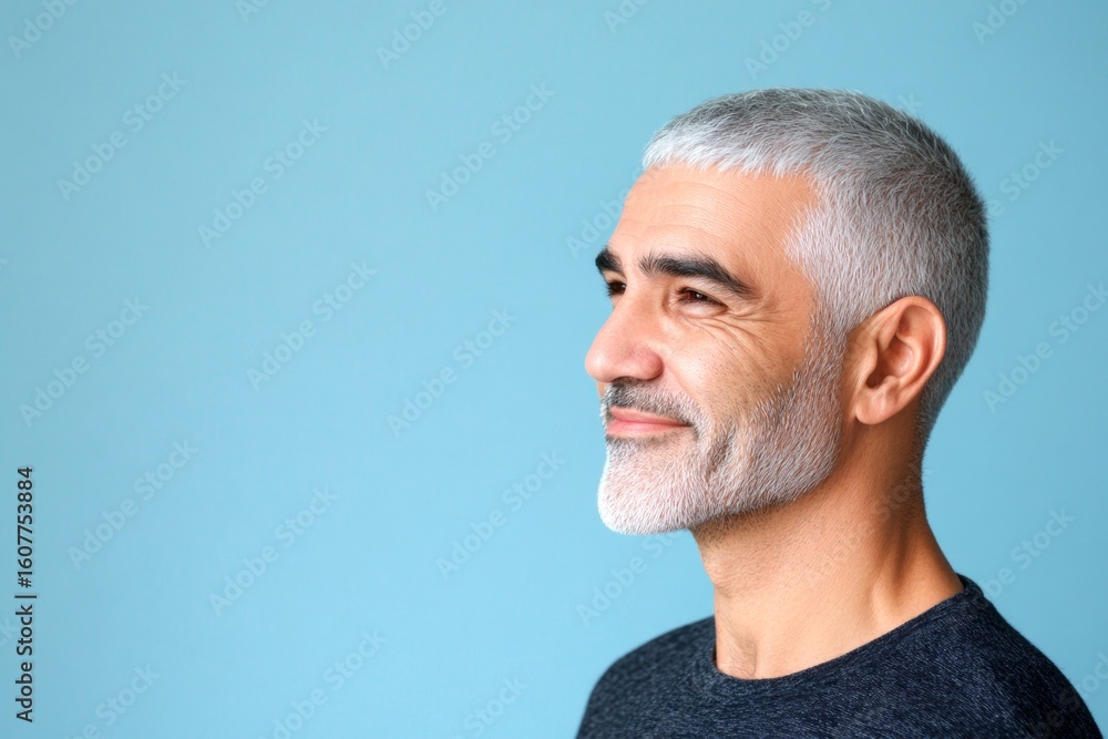 Fototapeta premium A gentle smile lighting up a maleâ€™s face. Trendy men's hard part haircut - midlife middle eastern man with short hair. Concept pattern art of style for aging men. Blue solid background.