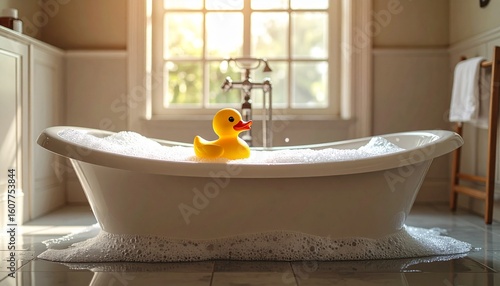 A cute rubber duck floats in a foamy vintage bathtub, surrounded by luxurious bathroom details that blend charm, nostalgia, and elegance.