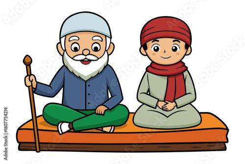 Friendly cartoon imam or scholar in traditional robes teaching with a pointer at a whiteboard