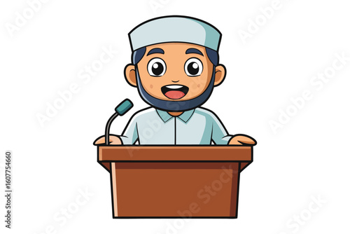 Friendly muslim man in traditional attire holding a tablet and a small blackboard with arabic writing