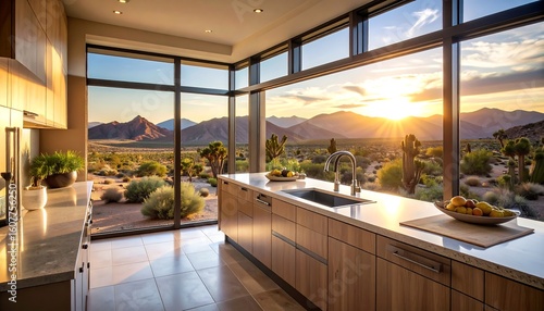Desert kitchen with panoramic mountain sunset views