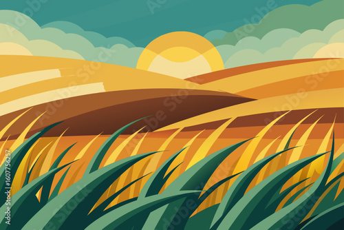 Abstract Prairie Waves with Tall Grass Lines and Sky