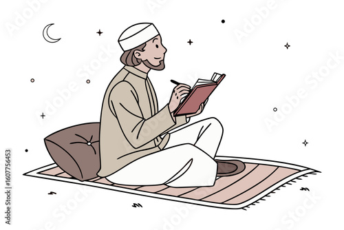 Father and son engaged in islamic education reading from a holy book on a prayer rug