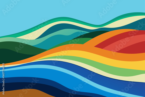Color Block Coastal Hills with Overlapping Wave Lines