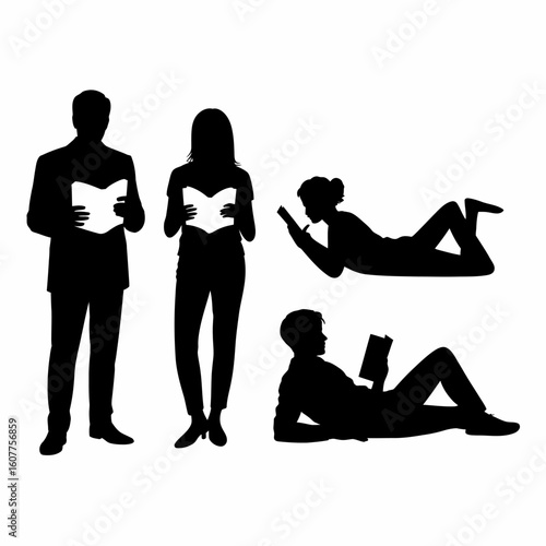 Diverse Silhouettes of People Reading Books