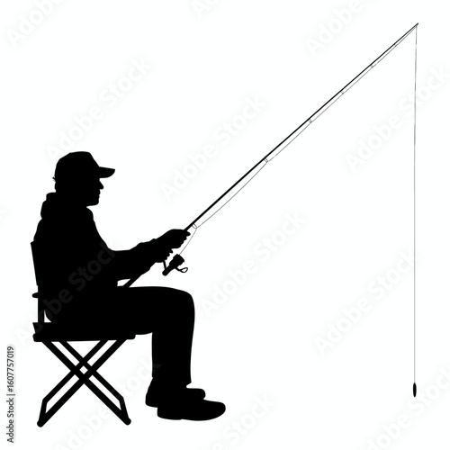 Fishing Silhouette of Angler on Chair with Rod