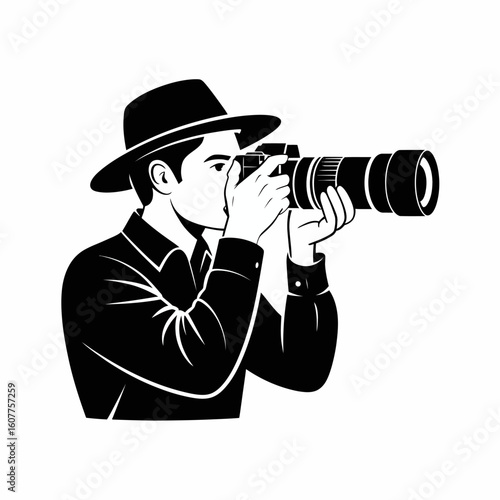Photographer Taking Picture in Black and White Illustration