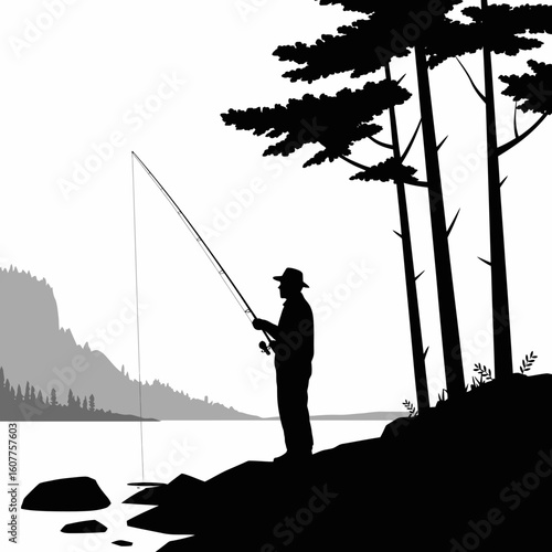 Silhouette of Fisherman by the Lake