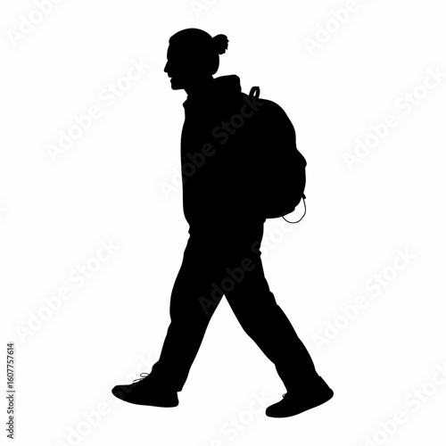 Walking Silhouette with Backpack in Profile View