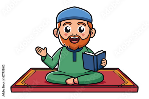 Friendly cartoon imam character holding a tablet displaying arabic calligraphy and a book
