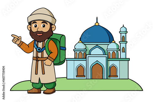 Cartoon astronomer in traditional attire gazes at a star through a telescope on a tripod