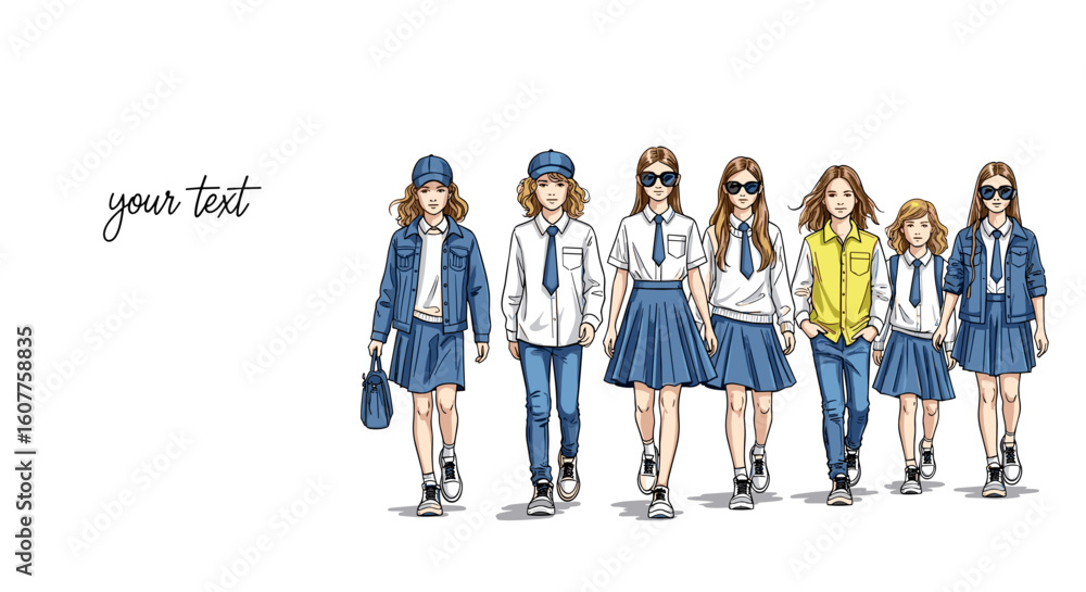 Obraz premium New school uniform collection features fashionable students in classic attire. Stylish new school uniform includes skirts, pants, ties, and jackets.
