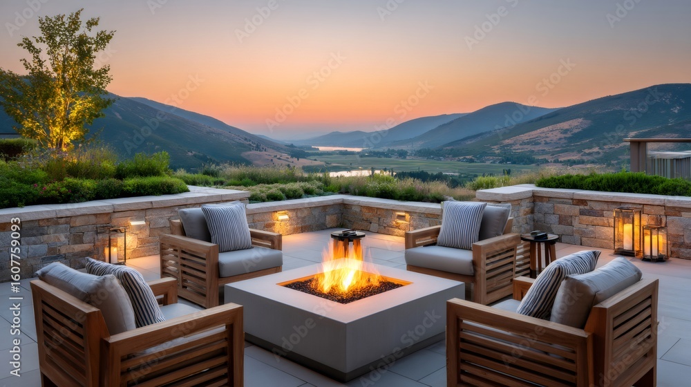 Fototapeta premium Relaxing fire pit on a luxury patio overlooking mountains at sunset