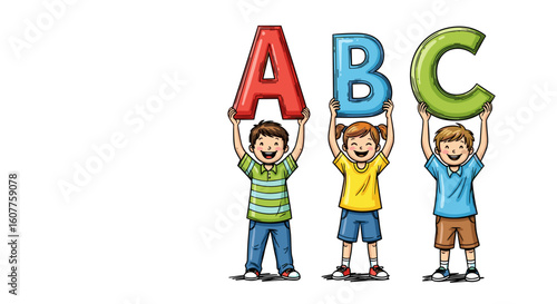 Children holding letters ABC, cheerful kids are ready for back to school. Kids holding letters ABC, three smiling pupils with ABC. Cheerful kids holding letters ABC for day of knowledge posters.