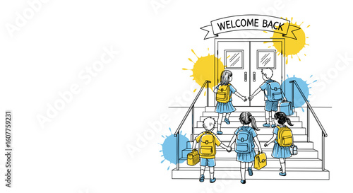 Children entering school building with backpacks walking up stairs to doors, back to school. Children entering school building together symbolizing education and beginnings,