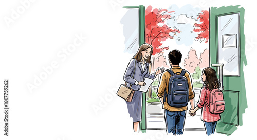 Children entering school building with teacher welcoming them into classroom. Children entering school building are greeted by friendly educator, with autumn trees visible through open door.
