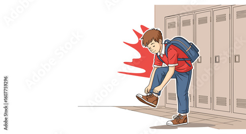 Boy tying school shoes before class in hallway. Little boy prepares by tying shoes with backpack near school lockers, representing a child's readiness and responsibility.