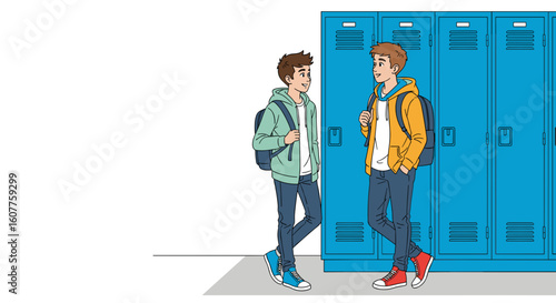 Boys talking near lockers in school hallway, dressed in casual clothes and backpacks. Boys talking creates an atmosphere of friendship and discussion, lockers symbolize school life and organization.