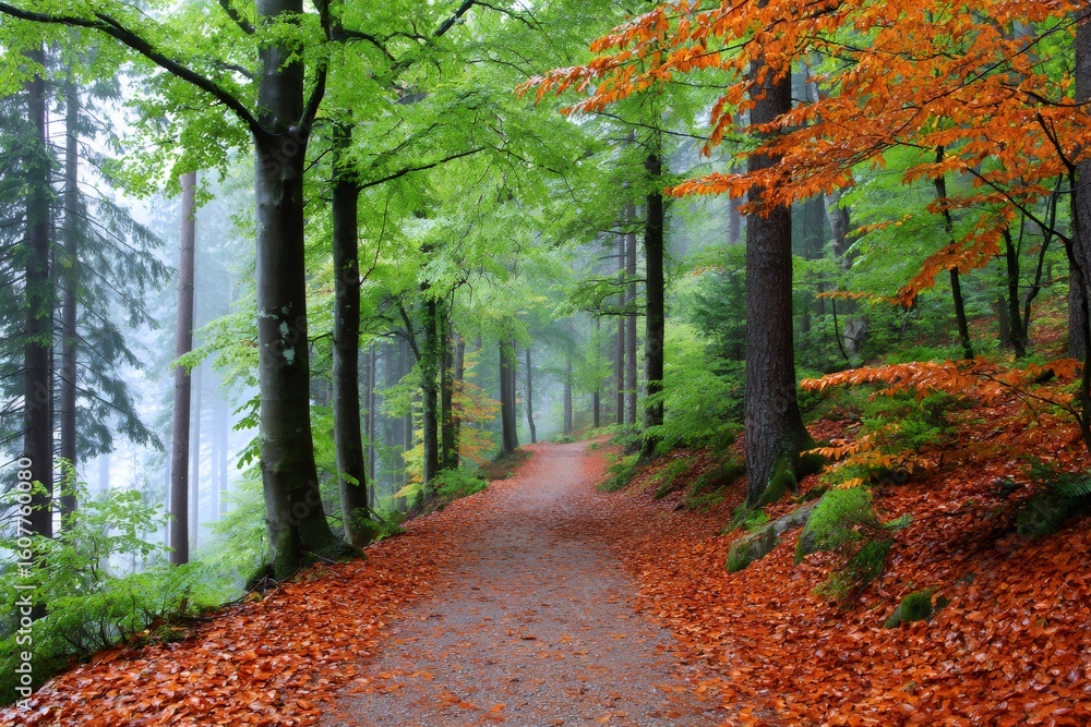 Fototapeta premium Gravel path winding through misty autumn forest