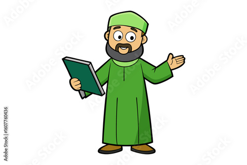 Cartoon illustration of a smiling elderly middle eastern man wearing traditional clothing and a white turban