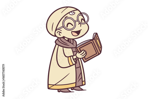 Charming cartoon illustration of a young muslim man wearing a traditional cap and holding a book