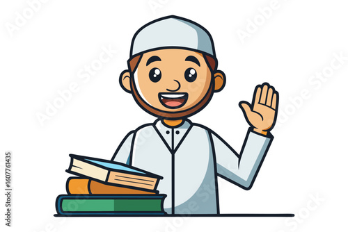 Friendly imam teaching a young boy about islam with a mosque and laptop in a classroom setting