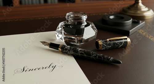 Elegant Fountain Pen and Inkwell on a Desk with Sincerely