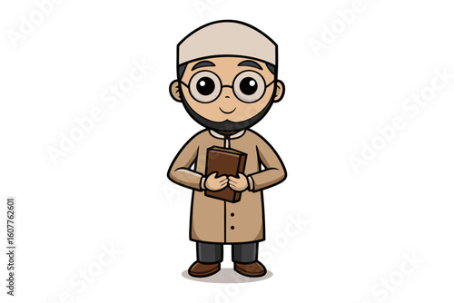 Young muslim student thoughtfully observing the surah al fatiha written on a classroom blackboard with decorative elements above