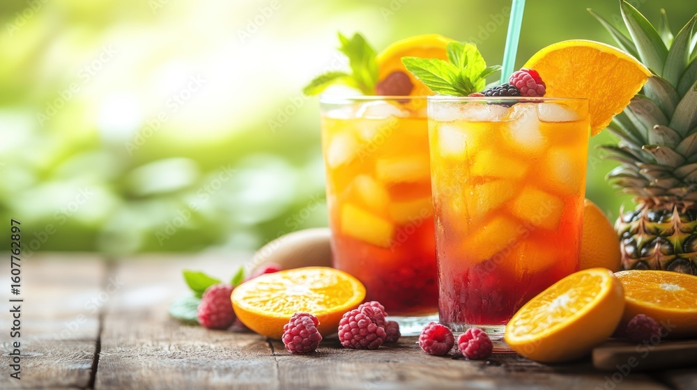 Fototapeta premium Refreshing iced tea drinks garnished with fruit