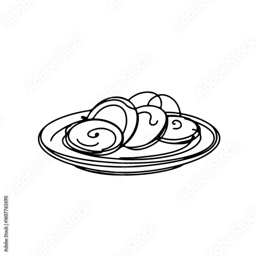 Abstract minimalist one-line drawing of Christmas cookies on a plate, black and white design on plain background, concept of holiday baking and decoration.