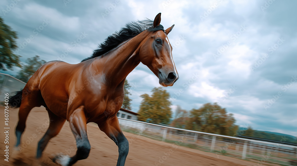Obraz premium A majestic brown horse in full gallop, showcasing speed and power in motion.