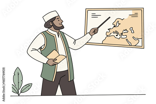 Young muslim girl in hijab reads the holy quran from a wooden stand with a crescent moon symbol