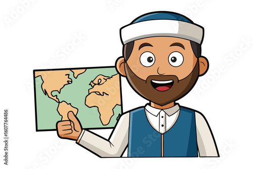 A cartoon monk in a brown robe and hood sits at a wooden table reading an open book