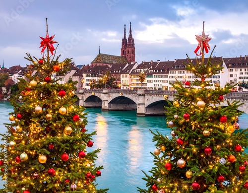 Christmas trees adorned with ornaments and lights flank a river, with a historic European city skyline in the background