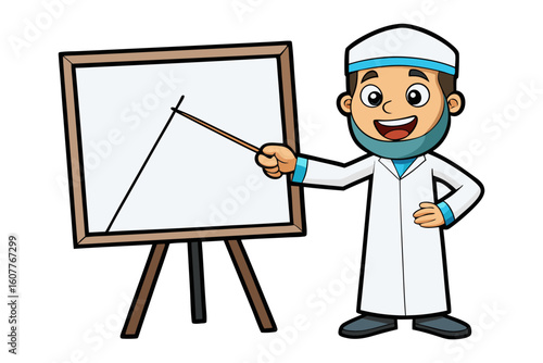 Smiling elderly muslim man wearing a white kufi and traditional green attire reads an open book