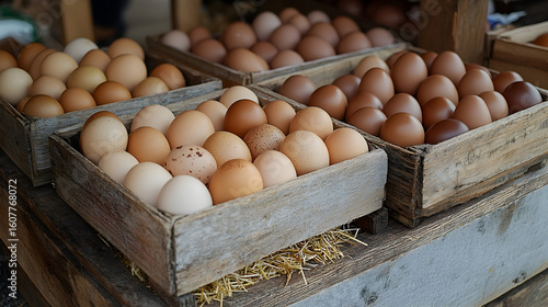 Several wooden crates filled with various colored chicken eggs.