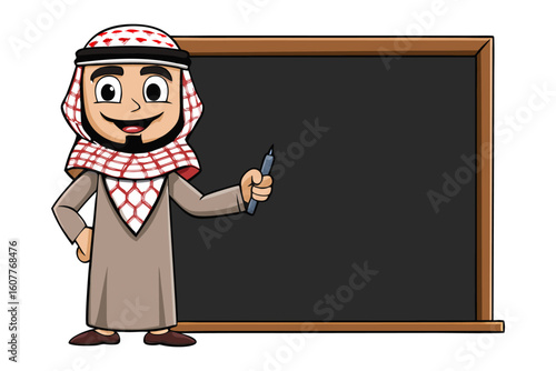 Friendly cartoon illustration of a young muslim woman wearing a blue hijab holding a book and gesturing