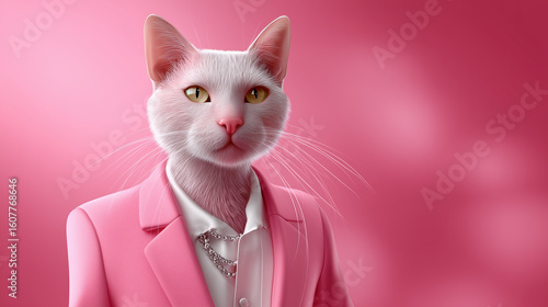 A sophisticated cat in a pink blazer, exuding style and business acumen.