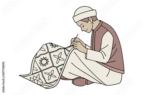 Charming cartoon imam holding a holy book near a traditional window
