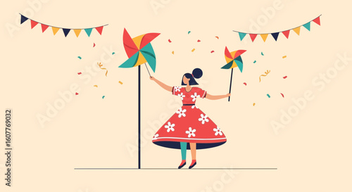 Festive Woman With Pinwheels Celebrates A Colorful Celebration With Bunting