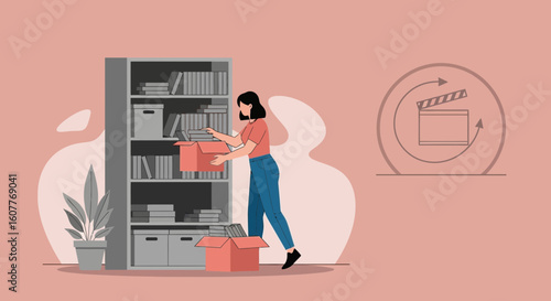 Filming Scene Setup With Woman Arranging Bookshelf Items For Video Shooting